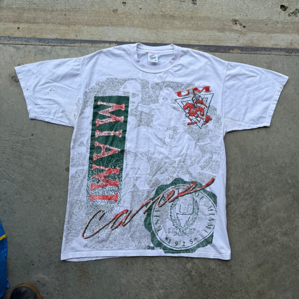 Vintage Jerzees University of Miami Hurricanes T-Shirt L All Over Print 90s USA